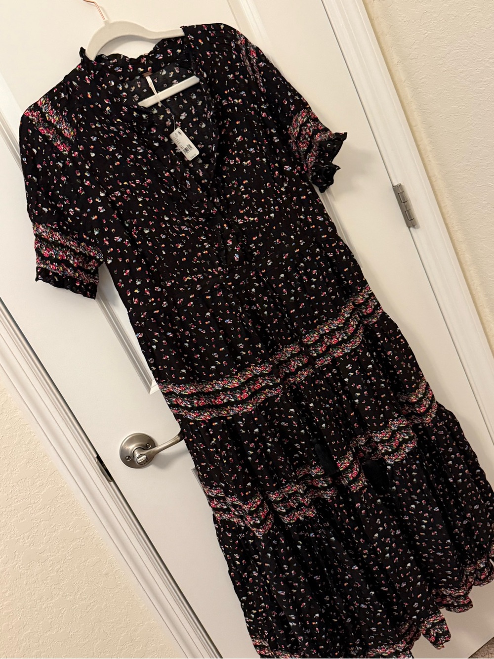 Free People Black Midi Dress with Pink Floral Print